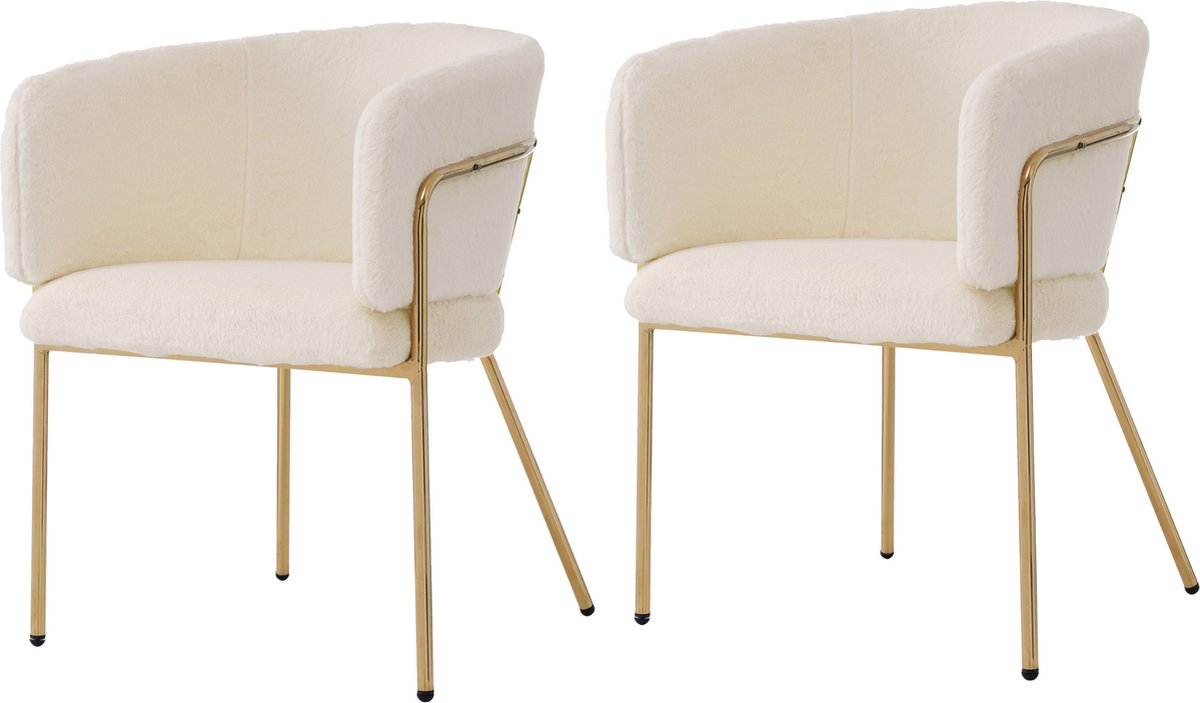 Merax Luxe Fauteuils – 2 Stuks – Elegante Comfortstoelen – Geschikt voor Woonkamer - Slaapkamer en Eetkamer – Imitatie Konijnenbont – Metalen Poten – Draagkracht 150 KG per stoel – Beige