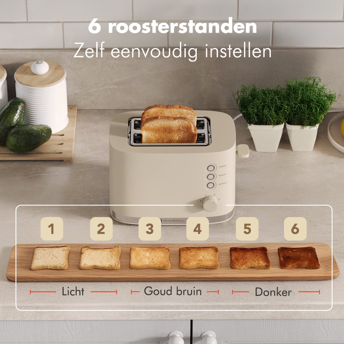 KitchenBrothers Broodrooster - Retro - Toaster - 6 Instelbare Warmteniveaus - 2 Extra Brede Sleuven - BPA-vrij - 870W - Beige thumbnail 4