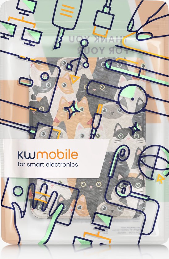 kwmobile e-reader hoesje geschikt voor Kobo Clara BW / Colour hoes - E reader flip case met magnetische sluiting - Ereader cover - Katten design in oranje / zwart / wit van Merkloos — afbeelding 2