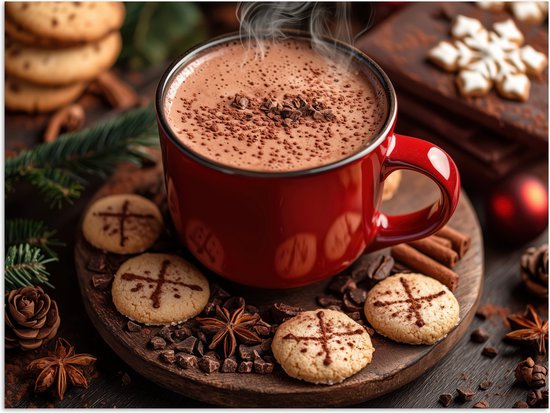 Poster 120x90 cm - Chocolademelk - Mok - Winter - Kerst - Gezelligheid - Posters - Kamer decoratie - Wanddecoratie woonkamer - Muurdecoratie slaapkamer - Kerstversiering - Kerstdecoratie voor binnen - Kerstmis