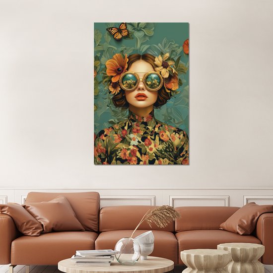 Tableau aluminium 100x150 cm - Décoration murale métal - Femme - Fleurs - Papillons - Nature - Vintage - Décoration murale métal salon - Décoration industrielle - Photo sur dibond - Accessoires industriels chambre