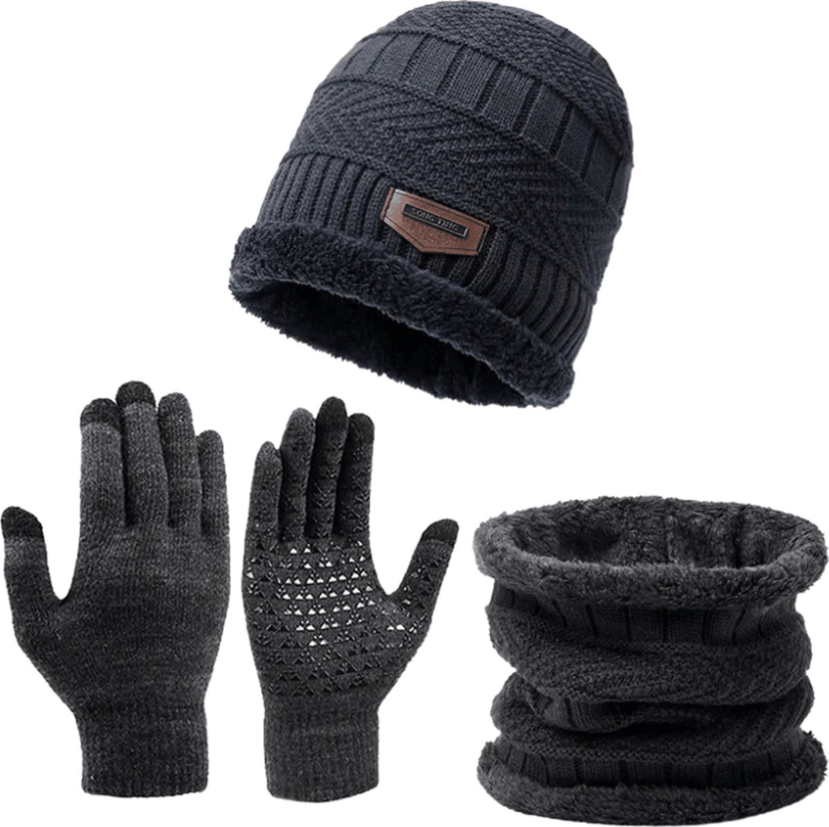 Winterset - Gebreide Beanie Muts, Col-Sjaal & Touchscreen Handschoenen - Wol Gevoerd - Warme Baggy Skimuts - Winter Muts, Nekwarmer en Touchscreen Handschoenen Set voor Heren & Dames - Ideaal voor Skiën & Outdoor - Grijs