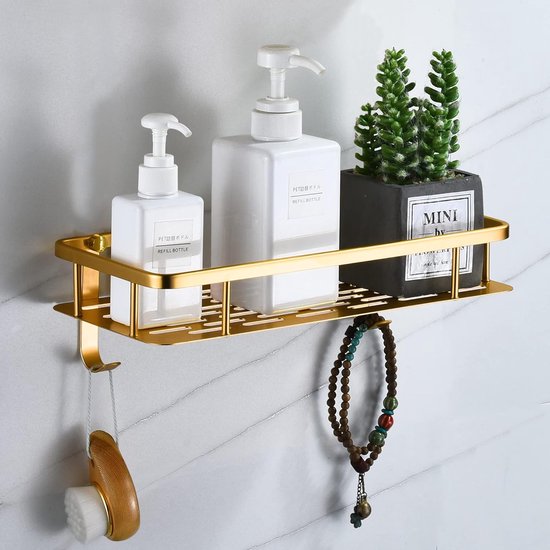 Maifey Badkamerplanken Zonder Boren, Vierkante Doucheplank Wandplank In De Badkamerbadkamer Organizer Aluminium Douchemandje Met 2 Haken 2 Stukschampagne Goud