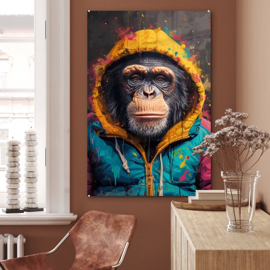 MuchoWow® Peinture sur verre 80x120 cm - Peinture sur verre acrylique - Graffiti - Chimpanzé - Manteau - Singe - Peinture - Photo sur verre - Décoration murale salon - Décoration murale chambre - Peintures