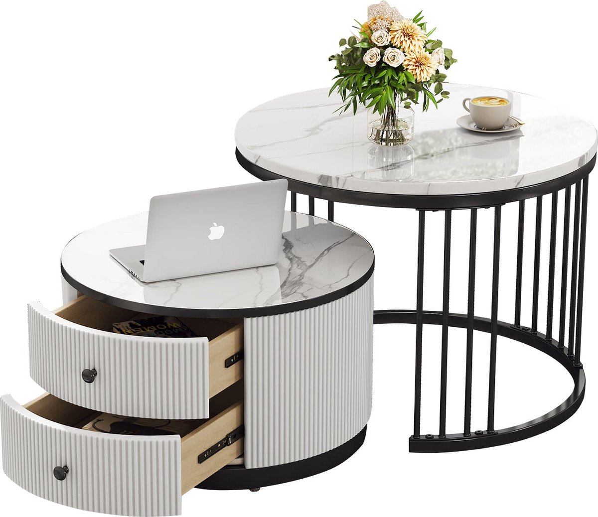 Merax Ronde Nest Salontafel Set van 2 met Hoogglanzend Marmerpatroon - 2 Lades - Wit met Zwart