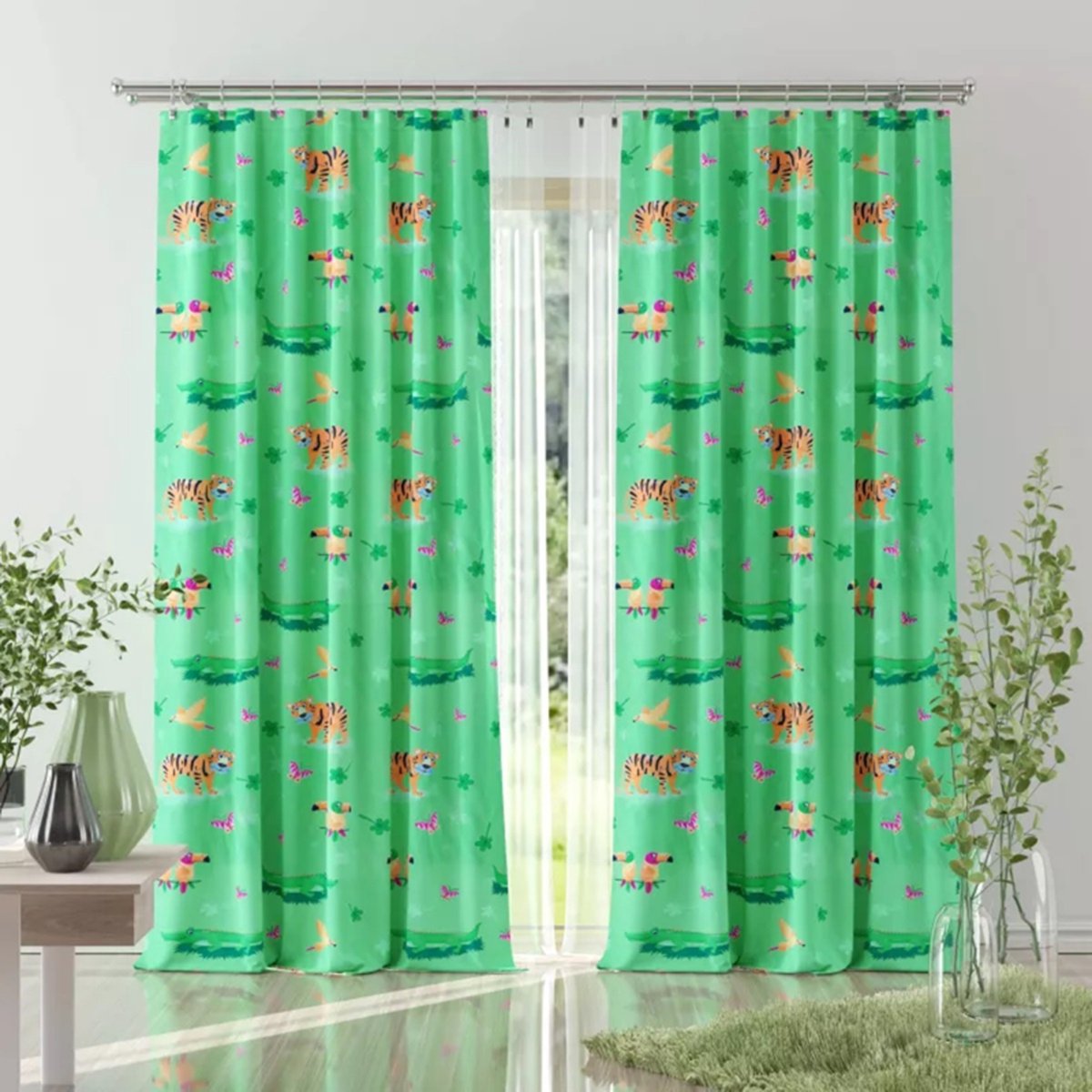 Wisan Krokodil - Gordijnen: 2 stuks van 150 x 170 cm - Kinderkamer gordijn van stof met dierenmotieven- groen- 150 x 170 cm