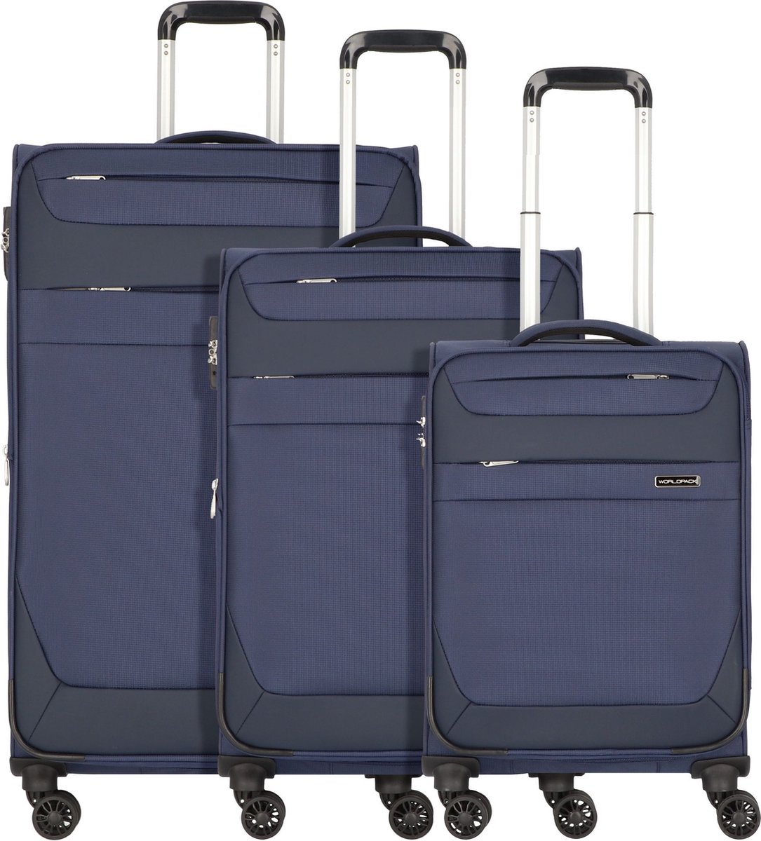 Worldpack Dublin 4 wielen Kofferset 3-delig met uitbreidingsplooi - Zachte bagage - TSA slot - marineblau