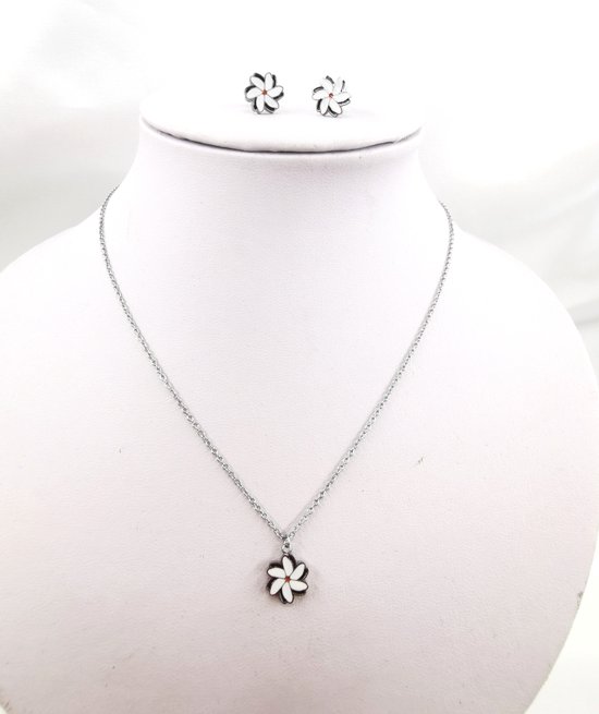 Set - Ketting met oorbellen - hanger - Melati - Herdenkingen - symbool - Zilverkleurig - RVS, - Indische Jasmijn - Heel erg gewaardigd om te dragen - Respect - Herdenking