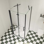 110x70x195cm douchecabine, met inklapbare vouwdeur en twee vaste zijwanden, 6mm helder EasyClean veiligheidsglas,mat zwarte aluminium frame, stabilisatiestang 70-120 cmX2