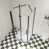 90x70x195cm douchecabine, met inklapbare vouwdeur en twee vaste zijwanden, 6mm helder EasyClean veiligheidsglas,mat zwarte aluminium frame, stabilisatiestang 45 cmX2