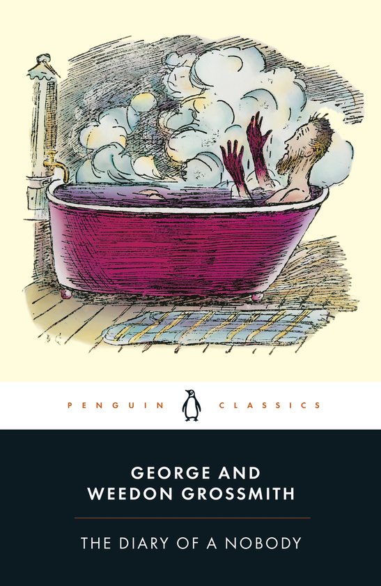 Illustratie van een man met rode handschoenen in een roze badkuip vol schuim, met de tekst 'Penguin Classics' en 'The Diary of a Nobody'.