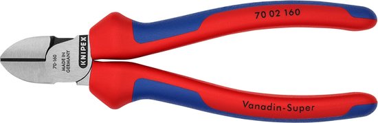 Zijsnijtang met rode en blauwe handvatten, met tekst 70 02 160 en Vanadin-Super.