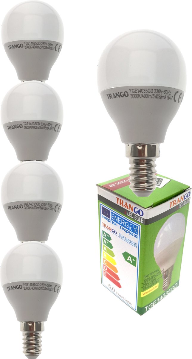 TRANGO Set van 5 E14035GD*5 LED Globe Lamp 3-Niveaus Dimbaar - 5 Watt - 400 Lumen 3000K Warm Wit - Vervanging voor 40W Gloeilamp - Omnidirectionele LED Lamp met E14 Fitting Stralingshoek 170°