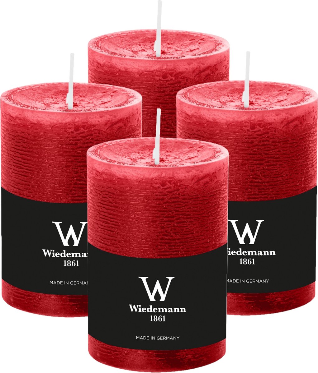 Wiedemann Cilinderkaars/stompkaars - 4x - rustieke kaars - rood - 7 x 10 cm - 43 branduren