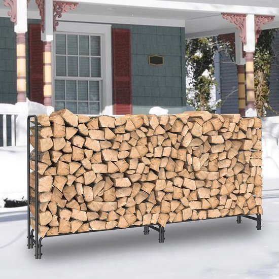 VOUNOT® Haardhoutrek Buiten Metaal, Groot Brandhoutrek Outdoor met Waterdichte Afdekhoes, Houtopslagrek voor Haardhout, 200x116x26 cm, Zwart