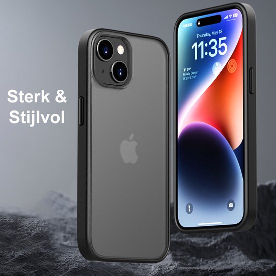 Een matzwarte telefoonhoes, gefotografeerd met een telefoon met een kleurrijk scherm ernaast. Tekst: "Sterk & Stijlvol".