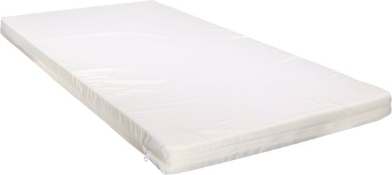 Wit ledikantmatras met rits aan de zijkant, op een witte achtergrond.