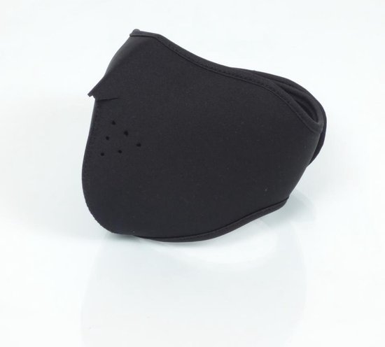 Zwart Mad masker van neopreen, dichtgevouwen, met stiksels en ademgaten.