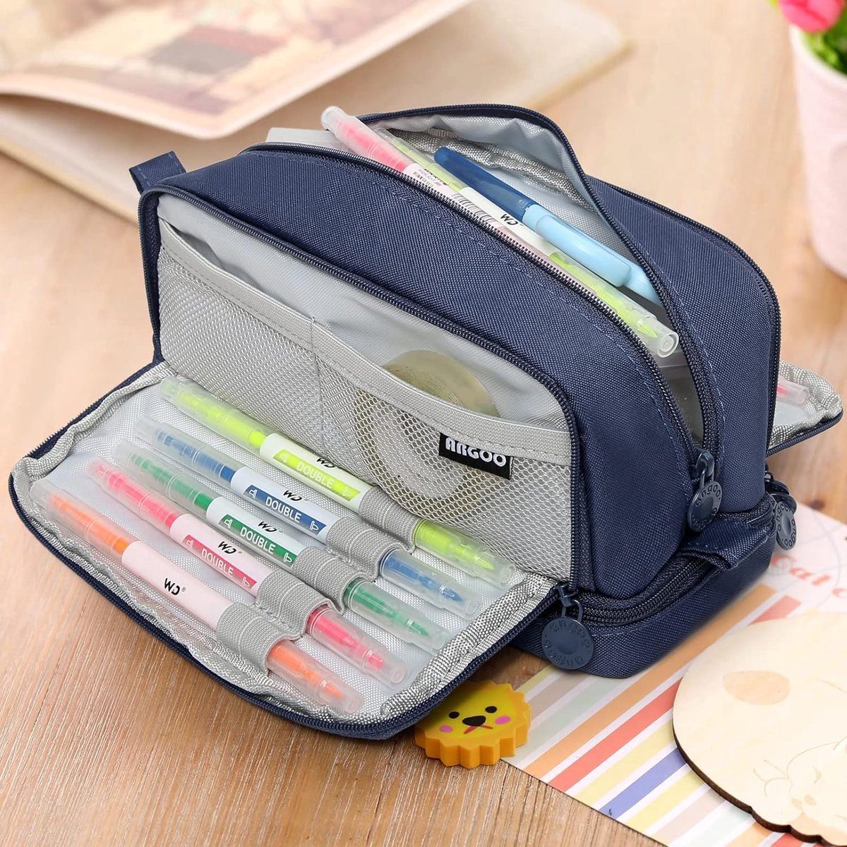 Etui met grote capaciteit voor potloden, geschikt voor meisjes, jongens, studenten en volwassenen. Donkerblauw. Perfect cadeau.