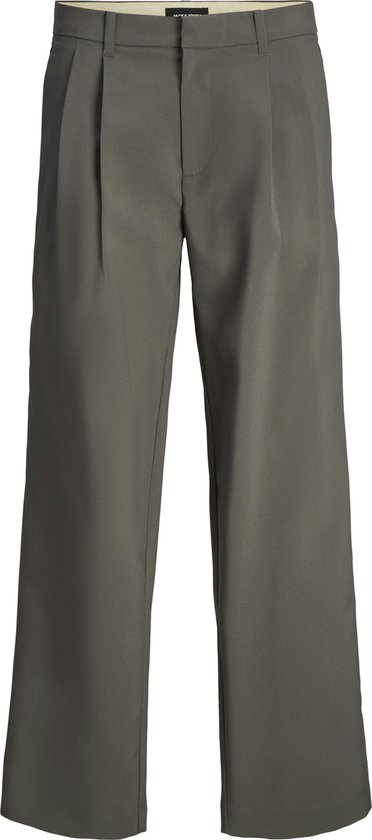 Grijze wijde broek met plooien, riemlussen en steekzakken.