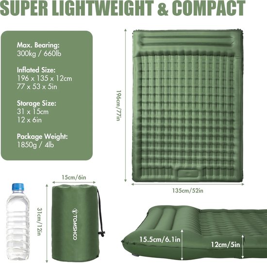 FIBILA Opblaasbare Slaapmat - Zelfopblazend Matras - Luchtbed - Opblaasbare Bed -Camping Mat - Reis Matras - Ingebouwde Pomp - Extra Dikke 4 Inch Dikte - Comfortabele Ondersteuning voor Backpacken en Kamperen - Waterbestendig en Compact - Blauw — afbeelding 3