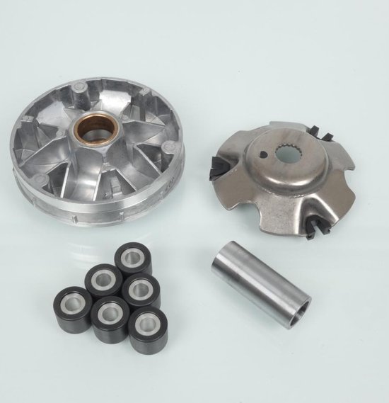Variateur, flasque de courroie, douille et 6 galets RMS en métal et noir.
