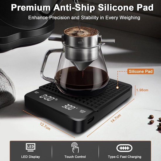 Balance à Café - Avec minuteur - Balance de cuisine numérique - Balance de précision - Barista - Balance de précision 0- Numérique et rechargeable par USB - 3 kg