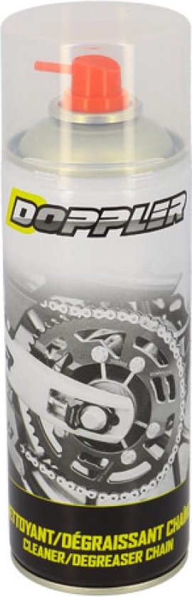 Aérosol avec bouchon rouge, logo 'DOPPLER' et image d'une chaîne. Texte : 'NETTOYANT/DÉGRAISSANT CHAÎNE'.