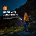 Man met geel jack draagt de Heko Solar powerstation. Ingebouwde LED-verlichting schijnt in het donker.