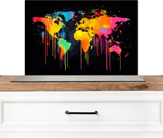 Spatscherm keuken 60x40 cm - Kookplaat achterwand Wereldkaart - Verf - Kleurrijk - Graffiti - Wereld - Muurbeschermer - Spatwand fornuis - Hoogwaardig aluminium