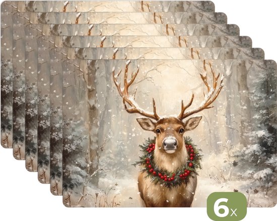 Une pile de six sets de table représentant un cerf portant une couronne dans une forêt hivernale, avec le texte '6x'.