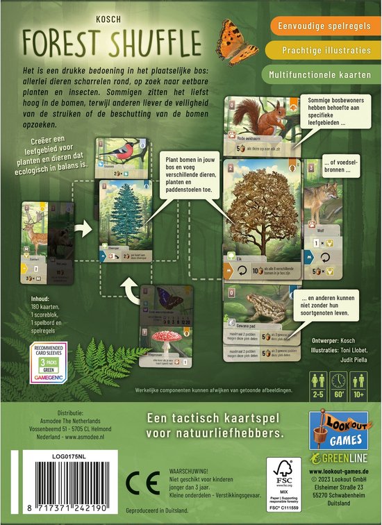 Achterkant van het spel Forest Shuffle. Toont spelkaarten met bomen, dieren en spelregels.