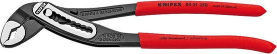 Knipex Alligator waterpomptang met rode handvatten, gepolijste bek, 'made in Germany' inscriptie.