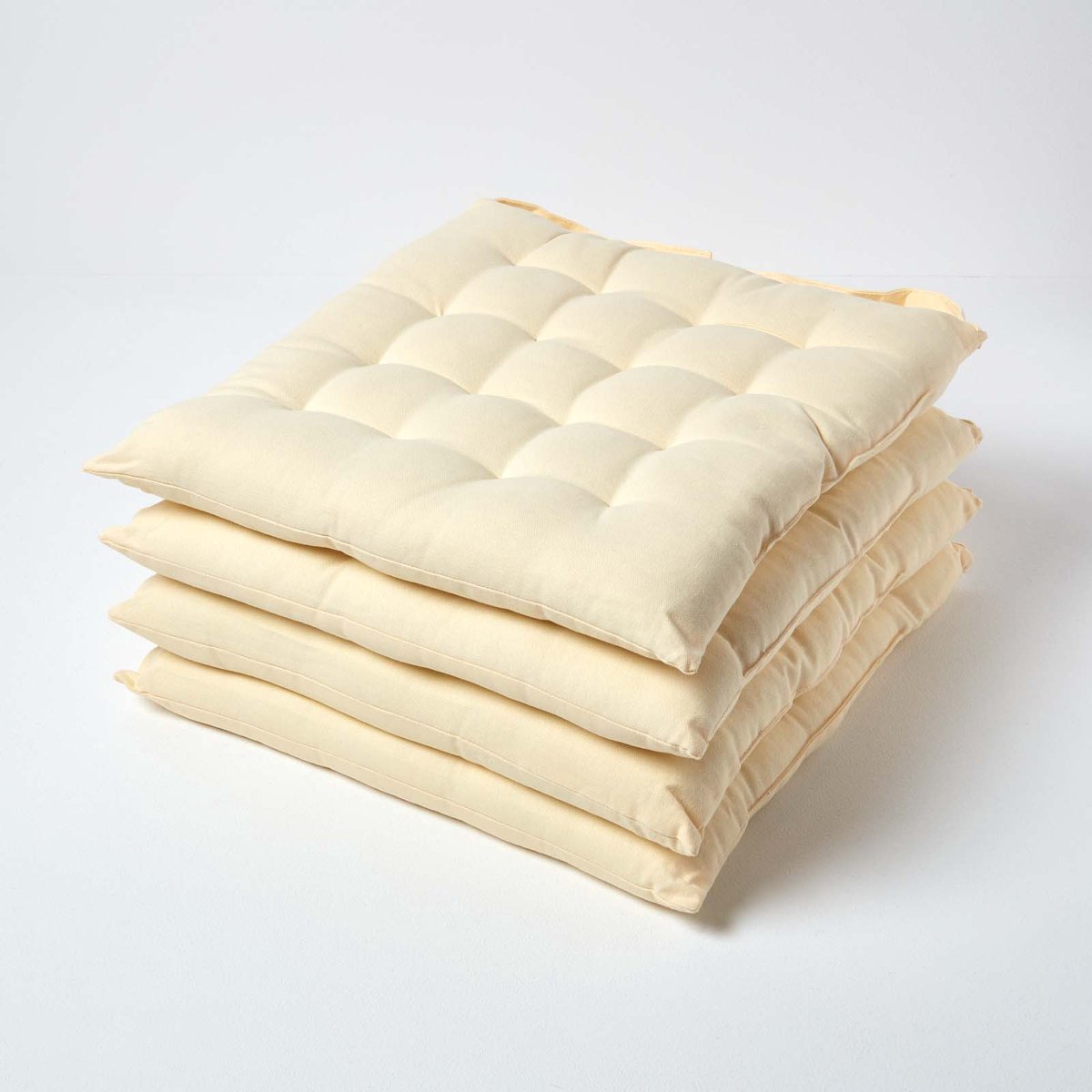 Homescapes stoelkussens – set van 4 zitkussens – katoen – 40x40 cm – crème – met lint – voor eetkamer & buitengebruik