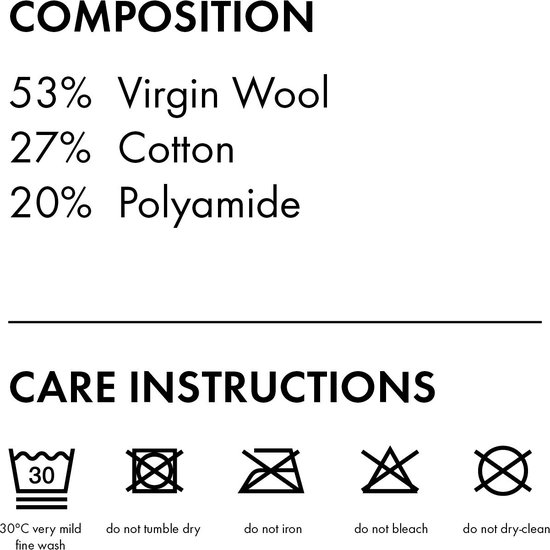 Tekst: COMPOSITION 53% Virgin Wool 27% Cotton 20% Polyamide. CARE INSTRUCTIONS met wassymbolen.