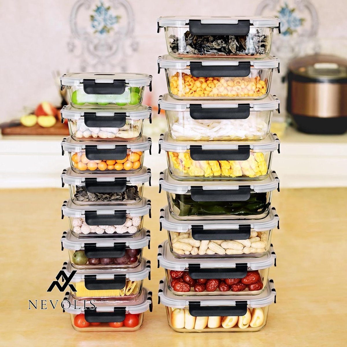 Nevolis Vershouddozen met deksel 8 stuks 1040 ml + 8 stuks 370 ml luchtdichte glazen container voor levensmiddelen en lekvrij vershouddozen glas voor oven-vriesvak .