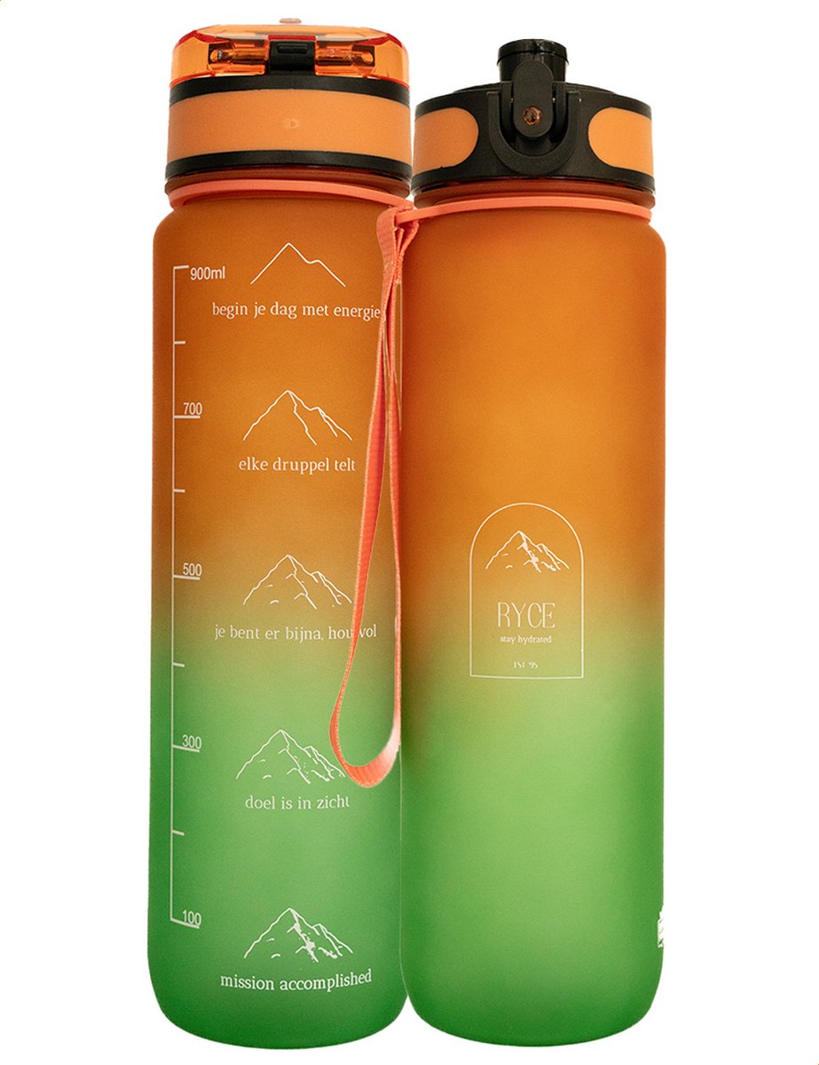 Ryce® Motivatie waterfles - Nederlands - 1 Liter - Drinken met fruit filter - Volwassenen - Kinderen - Oranje / Groen