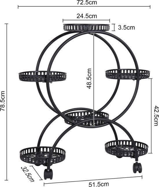 Amagabeli Metalen Plantenhouder Met Wielen 36 Cm - Zware Ronde Plantenstandaard Zwart