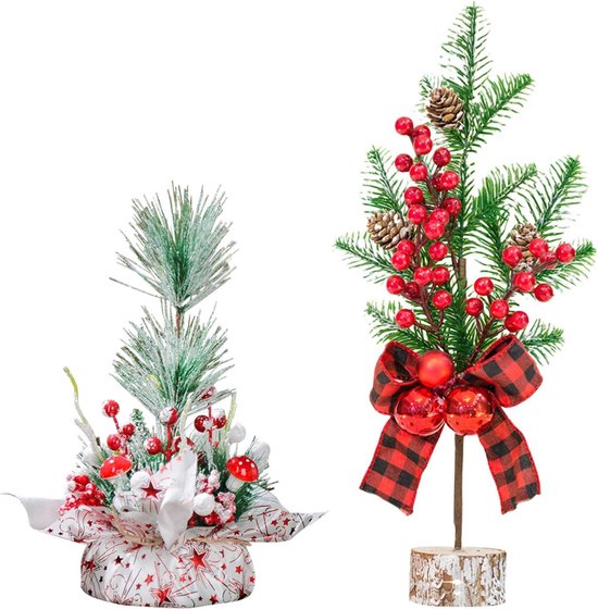 Foto: Mrs jones premium mini kunstkerstboom draagbaar rode bessen dennenappel tafeldecoratie binnen en buiten