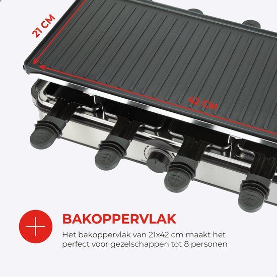 Bourgini Gourmette Raclette Pure - Gourmetstel met omkeerbare Grill & Bakplaat - Raclette 8 personen - 21x42 cm - PFAS-vrije coating - Regelbare thermostaat - incl. 8 spatels en pannetjes — afbeelding 5