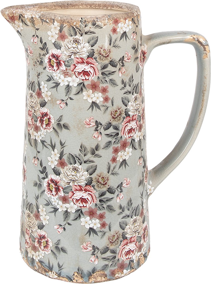 Clayre & Eef Decoratie Kan 21x14x26 cm Grijs Keramiek Bloemen