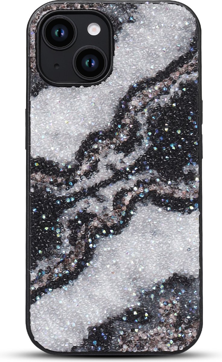 Casemania Hoesje Geschikt voor Apple iPhone 13 - Zwart - Diamant Marmer Glitter Back Cover