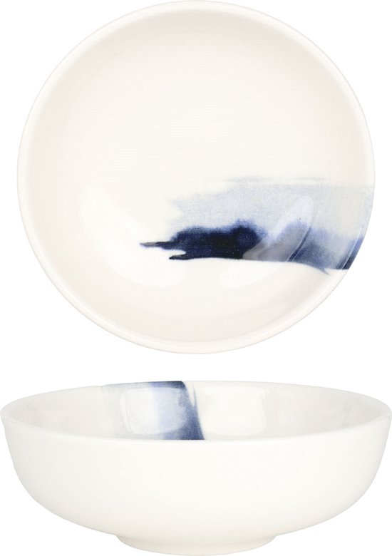 Deux petits bols blancs avec une tache abstraite bleue semblable à une aquarelle sur le côté.