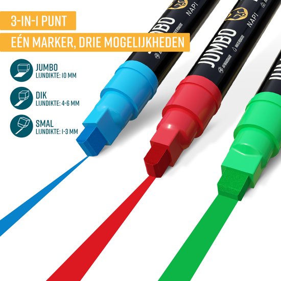 Napi Raamstiften XL 8st - 3-in-1 Punt - Afwasbaar - Jumbo Krijtstiften voor Krijtbord & Raam - 3 tot 10mm - Whiteboard Stiften - Whiteboardmarkers - Krijtstift Markers - Glasstiften - Krijtmarker - Porselein - Glas - 8 Kleuren
