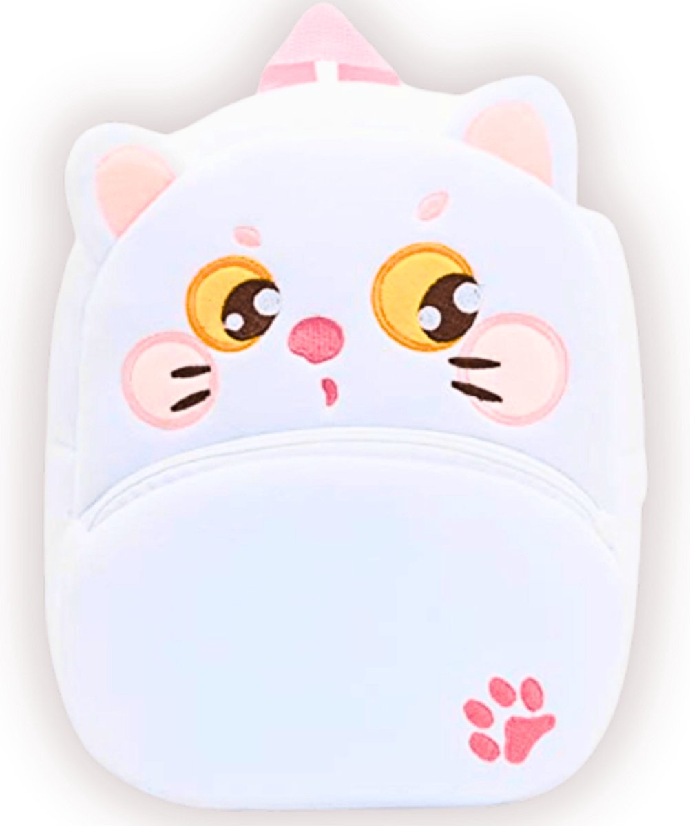 BoefieBoef Witte Poes Rugzak Kind – Kinderrugzak & Kinder Rugzak – Rugtas Kind voor Peuter en Kleuter – Pluche Dierentas – Wasbaar – 6 Liter – Wit