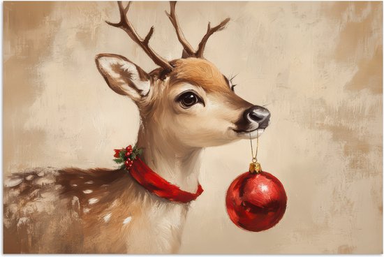 Poster 90x60 cm - Kerst - Hert - Gewei - Kerstbal - Rendier - Posters - Kamer decoratie - Wanddecoratie woonkamer - Muurdecoratie slaapkamer - Kerstversiering - Kerstdecoratie voor binnen - Kerstmis