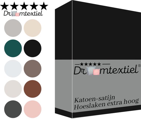 Droomtextiel Katoen - Satijnen Hoeslaken Zwart - Lits-Jumeaux - 180x220 cm  -... | bol.com