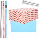 6x Rollen kraft inpakpapier transparante folie/hartjes pakket - blauw/harten design 200 x 70 cm - Valentijn/liefde/cadeaupapier