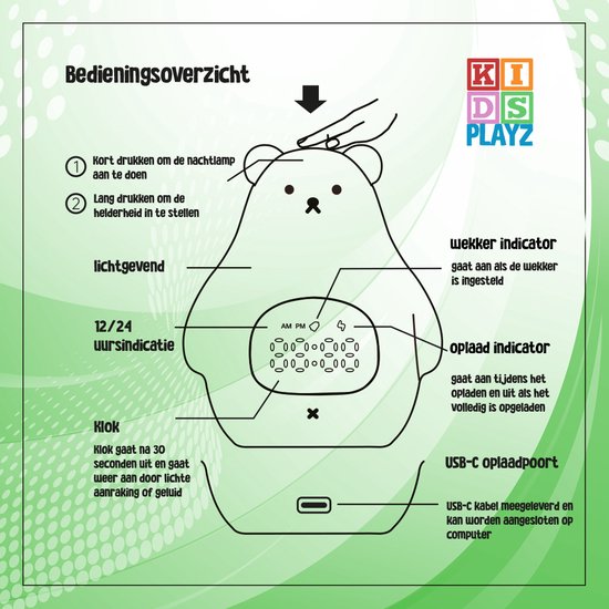 KidsPlayz Beertje Slaaptrainer - Wekker - Nachtlampje - Kinderwekker - Wit en Multicolor - Oplaadbaar - Alarm Clock - Eco Modus