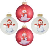 Krebs luxe gedecoreerde kerstballen - 4x st - rood/wit - 7 cm - glas - sneeuwpop